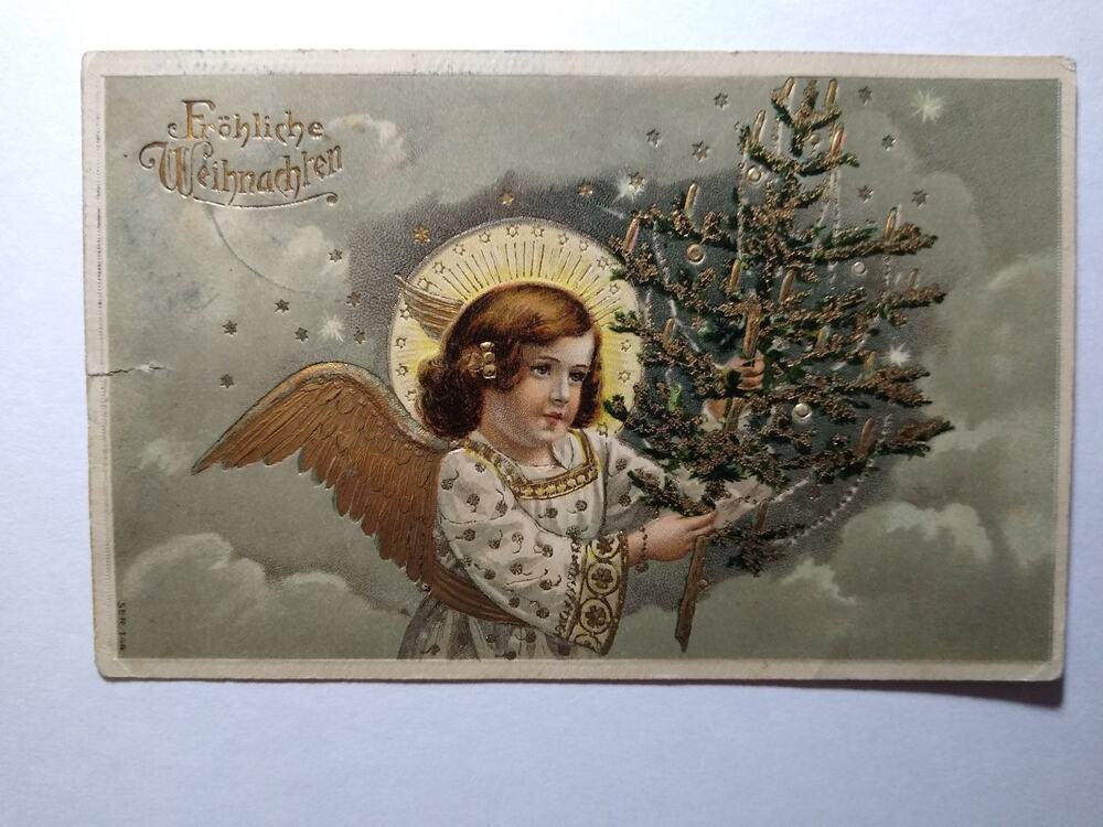Vintage German Christmas Postcard Angel w/Tree Embossed Glitter 1915 Moon Stars
